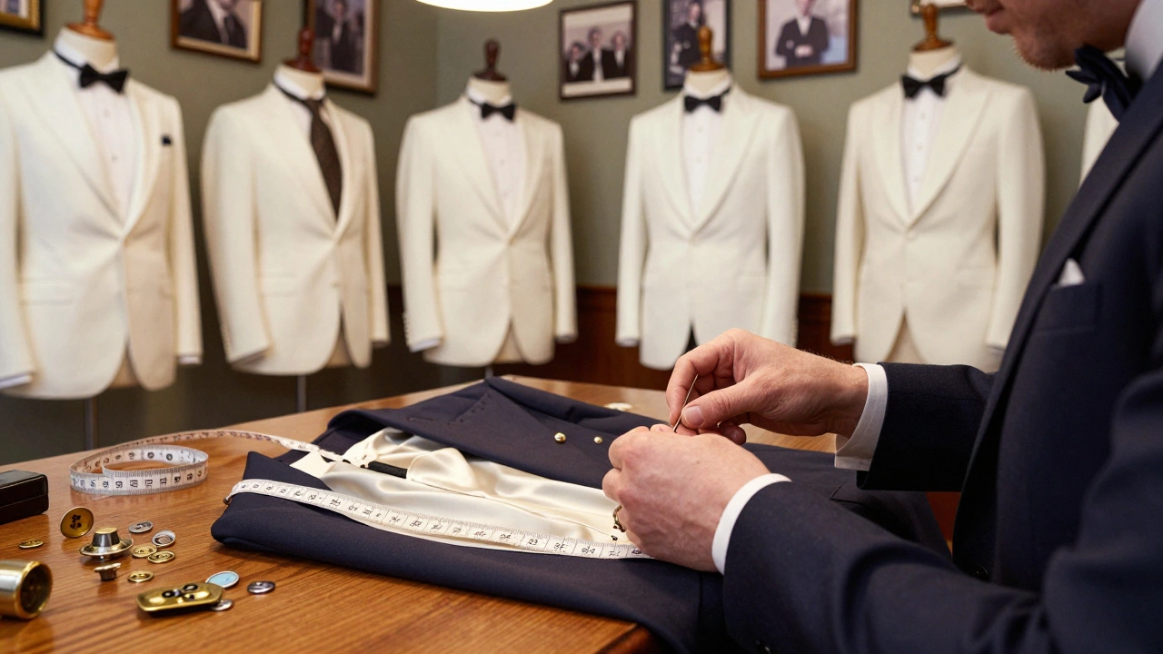 Irish tailor meticulously sewing a white tie tailcoat in a historic Dublin workshop.