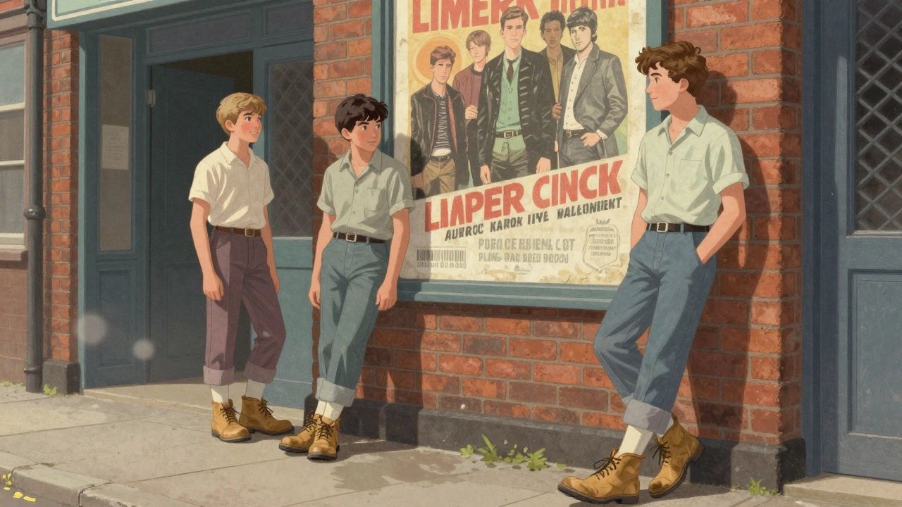Irish teens in 1980s clothing posing outside a cinema, each wearing tan Wallabees on a wet sidewalk.
