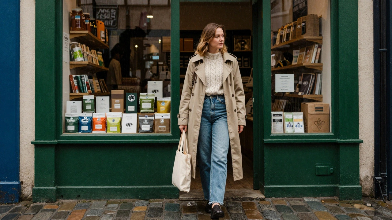 Irish woman in Galway stepping out of a market in denim, wool jumper, and trench coat under drizzle.