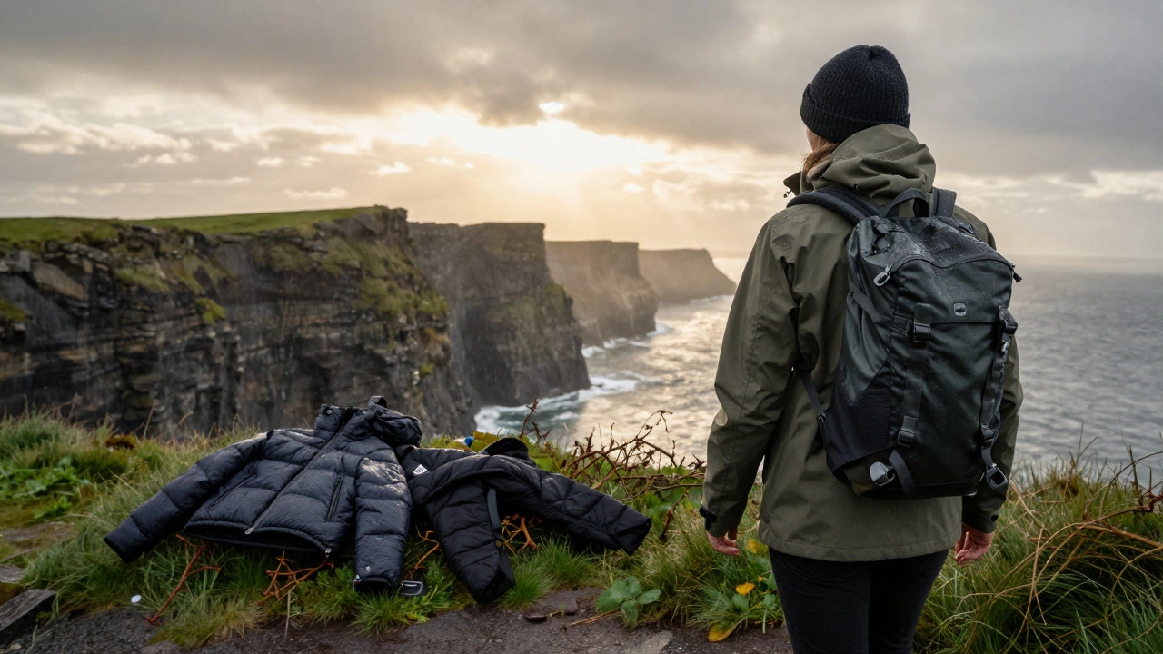 Person walking Cliffs of Moher in waterproof jacket, discarded American coats lying useless in the wet grass.