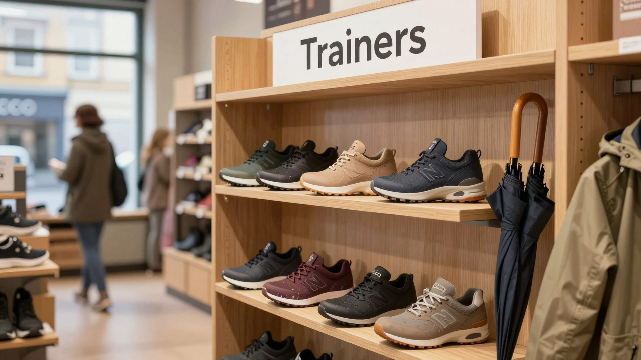 Shelf of trainers at Dunnes Stores in Dublin with ECCO and Clarks shoes