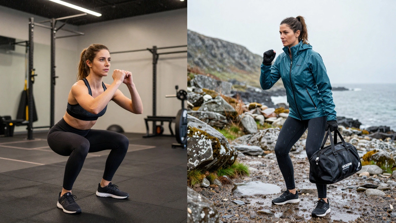 Split image: woman in gym and on coastal trail, both wearing the same functional Irish activewear.