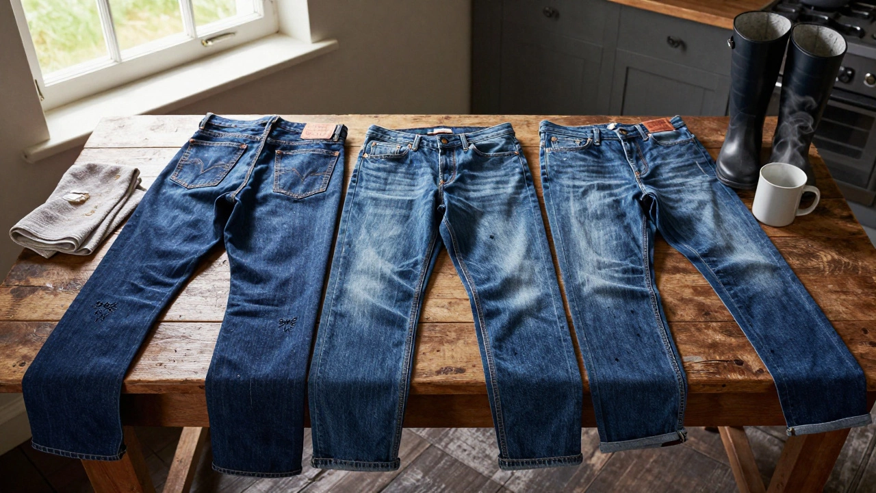 Three functional denim jeans laid out on a wooden table with wellies and a mug in a rural Irish kitchen.