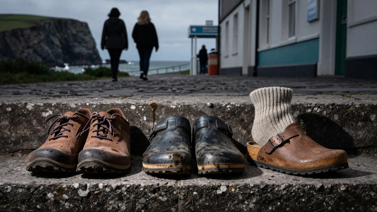 Three healthy Irish shoes on stone step with water, mud, and wool sock details.