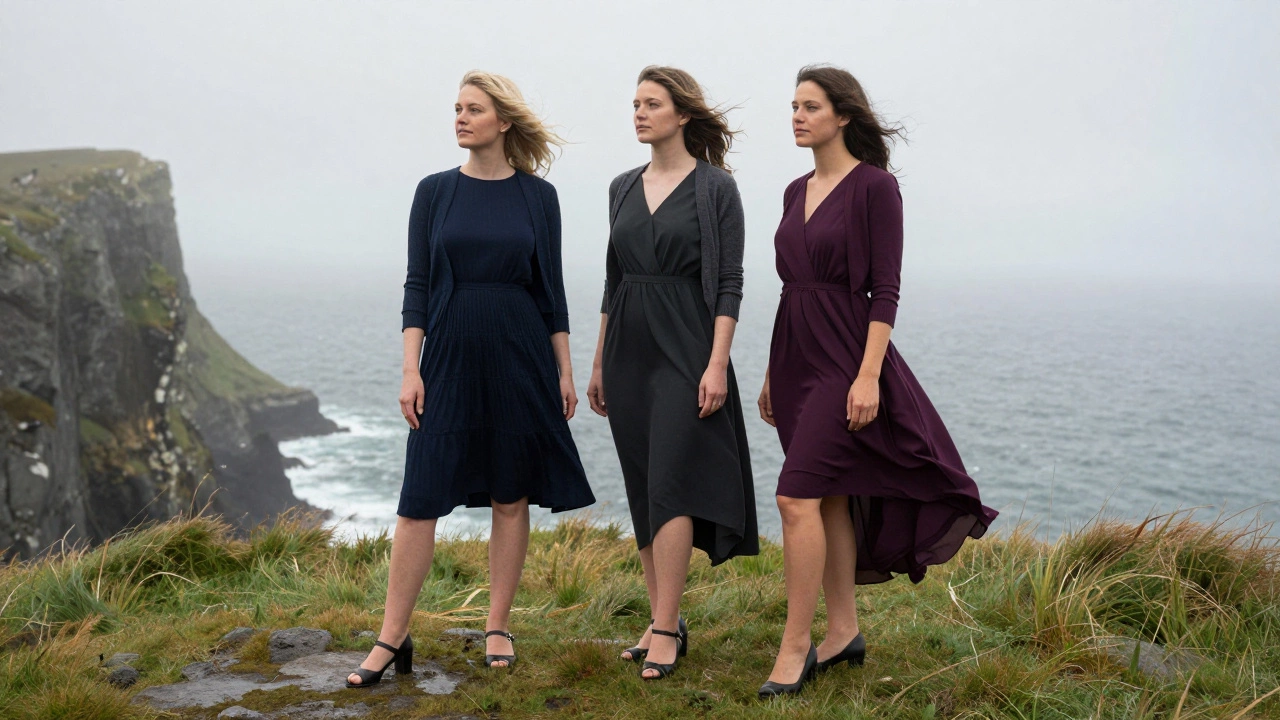Three Irish women on a cliff in Doolin wearing flattering summer dresses with cardigans, misty Atlantic backdrop.