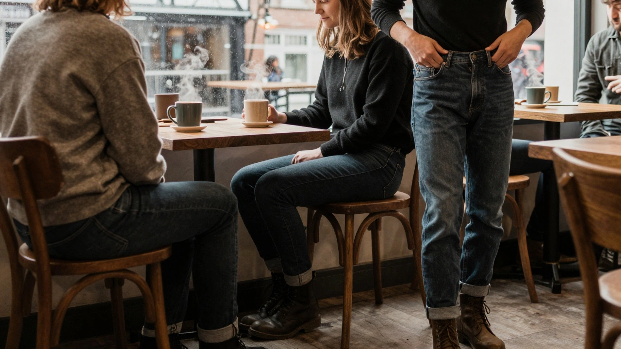 Three people in Dublin coffee shop wearing relaxed-fit dark denim jeans and boots.