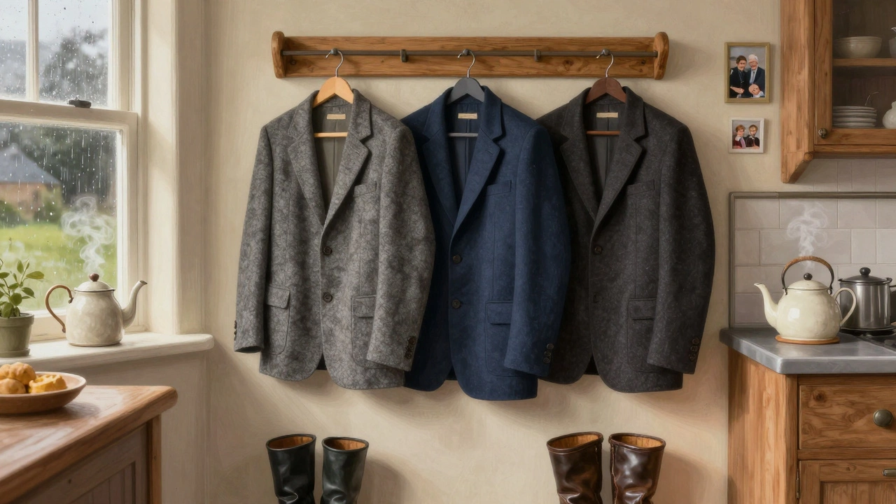 Three wool bobby jackets hanging on a wooden rack in a cozy Irish kitchen with teapot and boots.