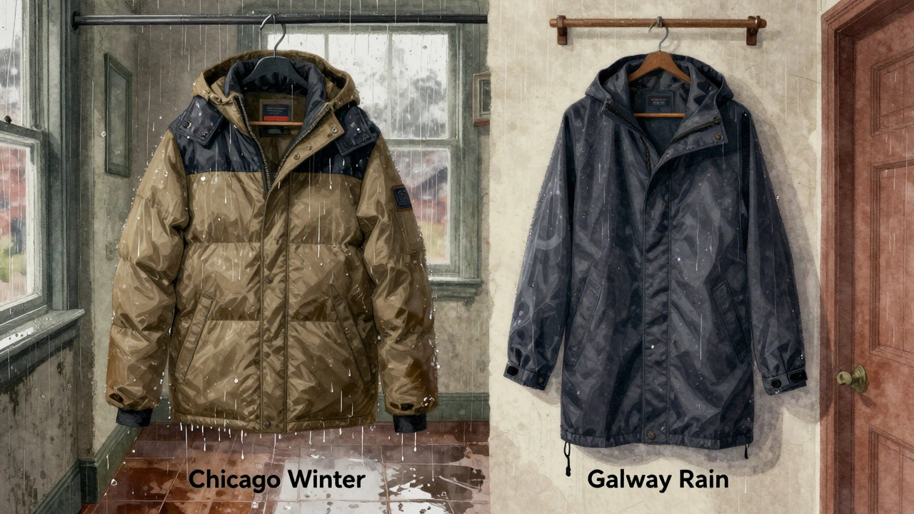 Two coats side by side: dripping American down jacket vs. dry Irish waterproof shell in rainy hallway.