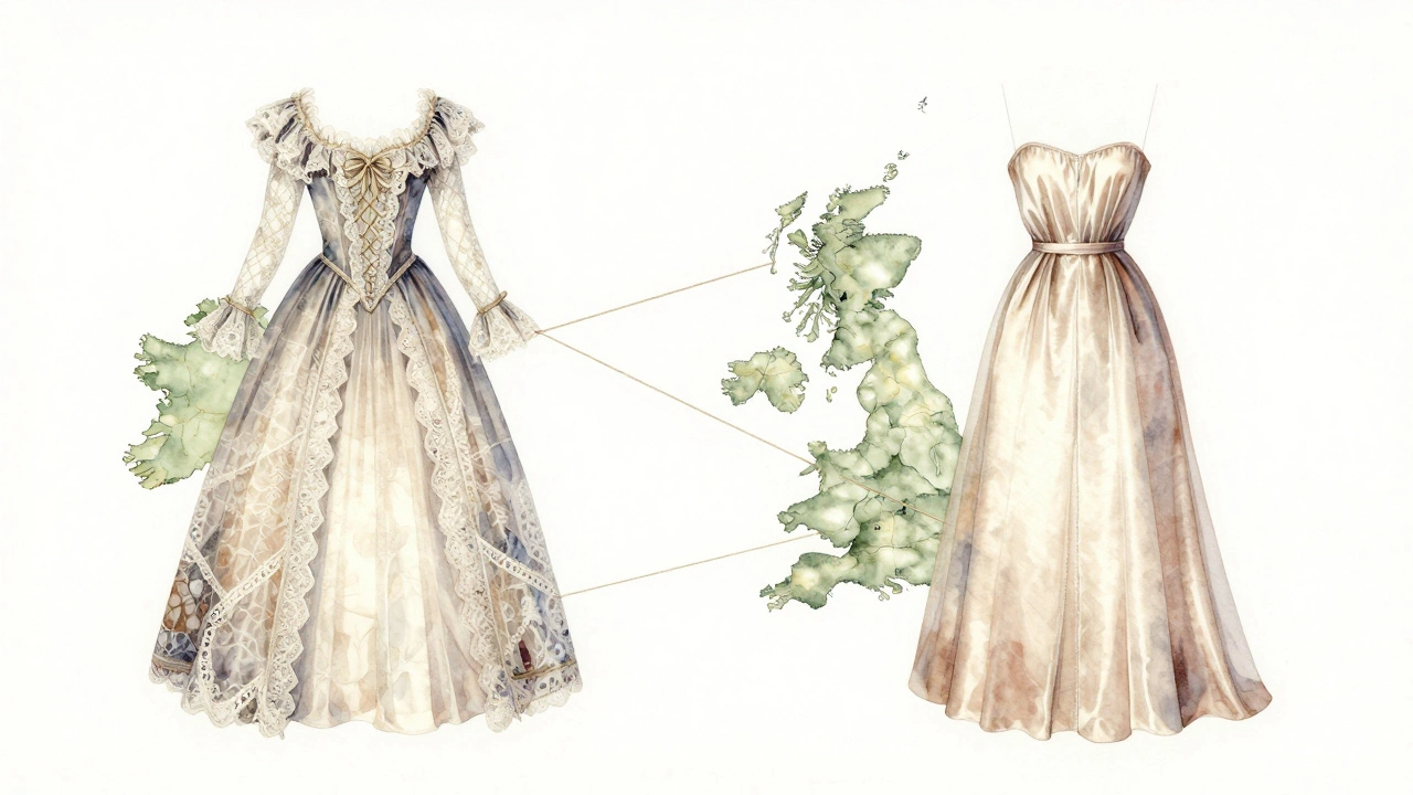 Two elegant gowns side by side, one British, one Irish, connected by threads of lace and silk.