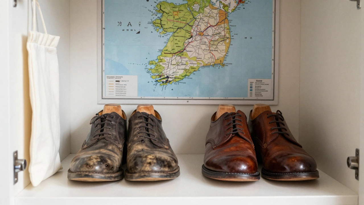 Two pairs of leather shoes on wooden lasts, one worn, one cared-for, in a dry Irish cupboard.