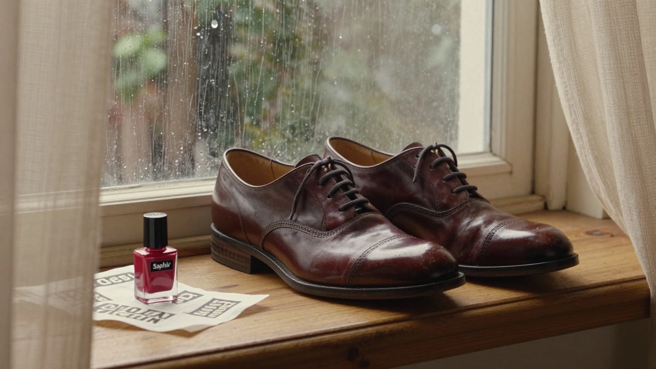 Vintage patent leather oxfords on windowsill with polish and tissue paper, rain on glass.