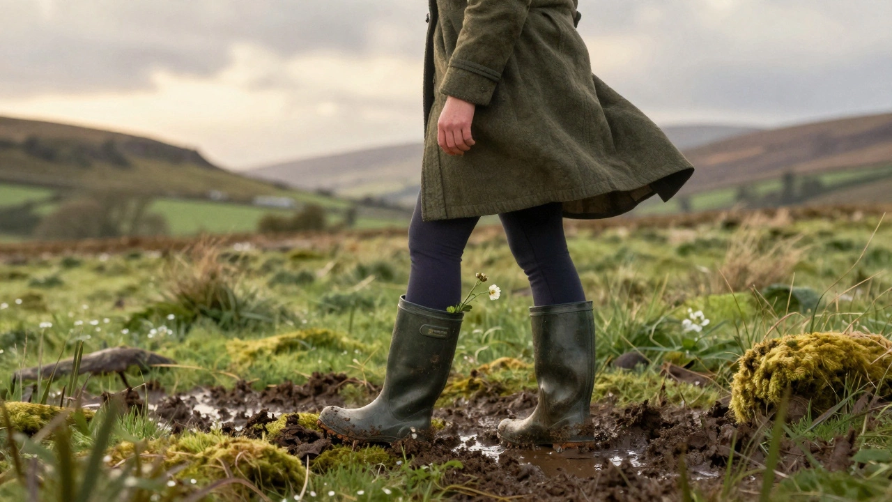 Woman in Aigle boots standing in muddy Wicklow fields with wildflower on boot.