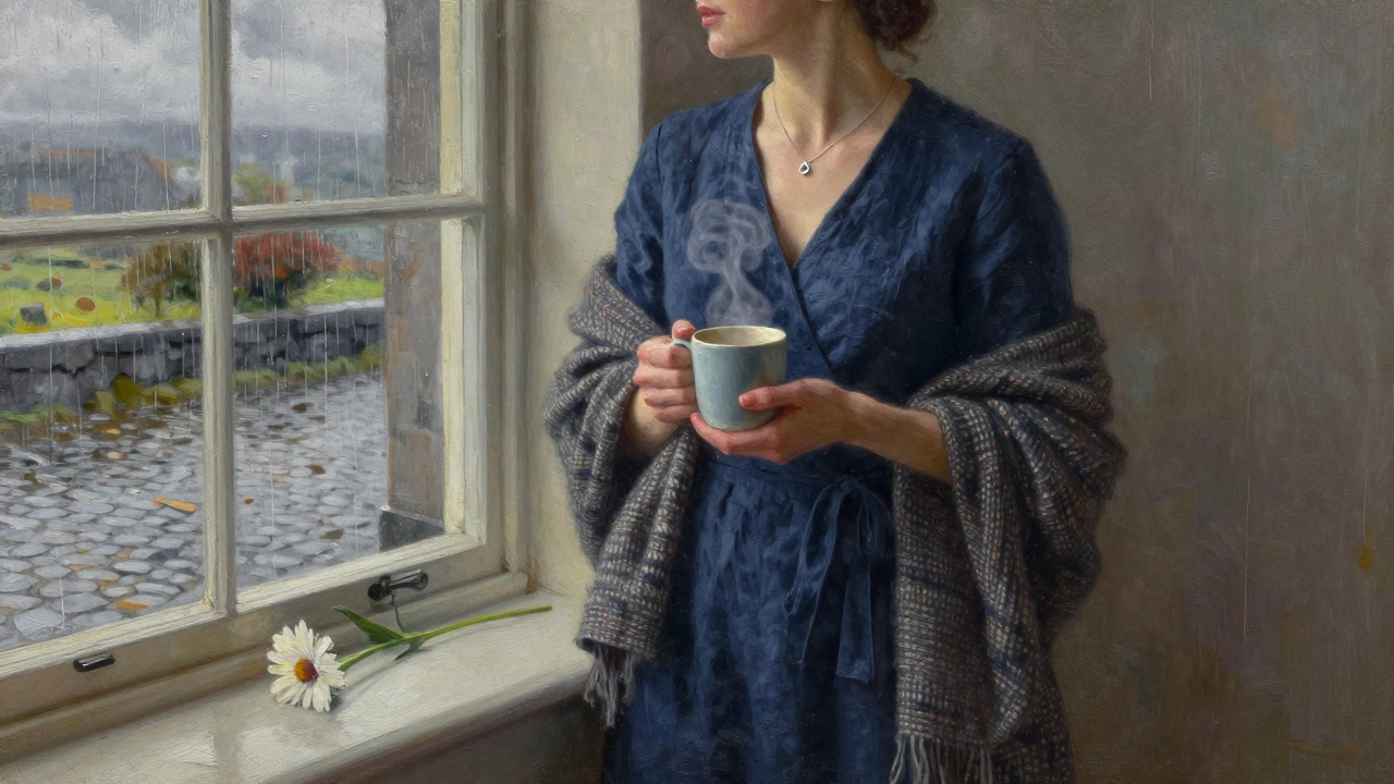 Woman in navy wrap dress by a window in Galway, wool shawl on shoulders, gazing out at rainy streets.