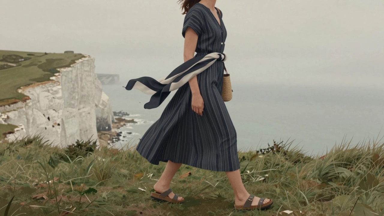 Woman walking coastal cliffs in a vertical-striped maxi dress with a draped scarf and Birkenstock sandals.