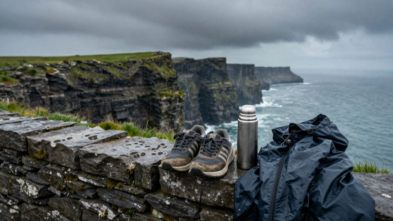 Worn trainers resting on cliff wall at Moher with rain and thermos nearby