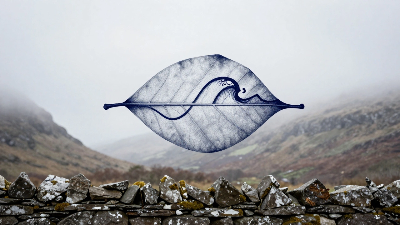 A minimalist navy wave on a yew leaf floating above a stone wall in misty Connemara, symbolizing quiet remembrance.