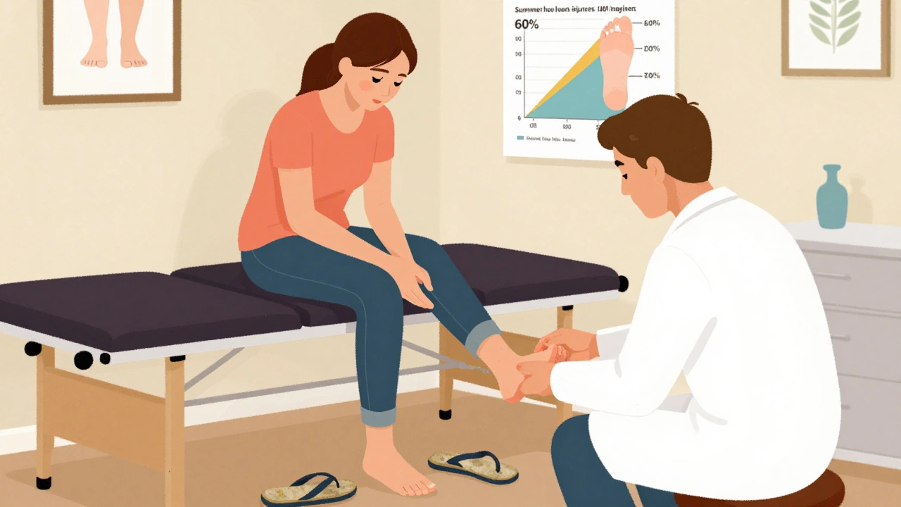 A podiatrist examining a patient's foot in a clinic, with worn-out flip-flops on the floor beside them.