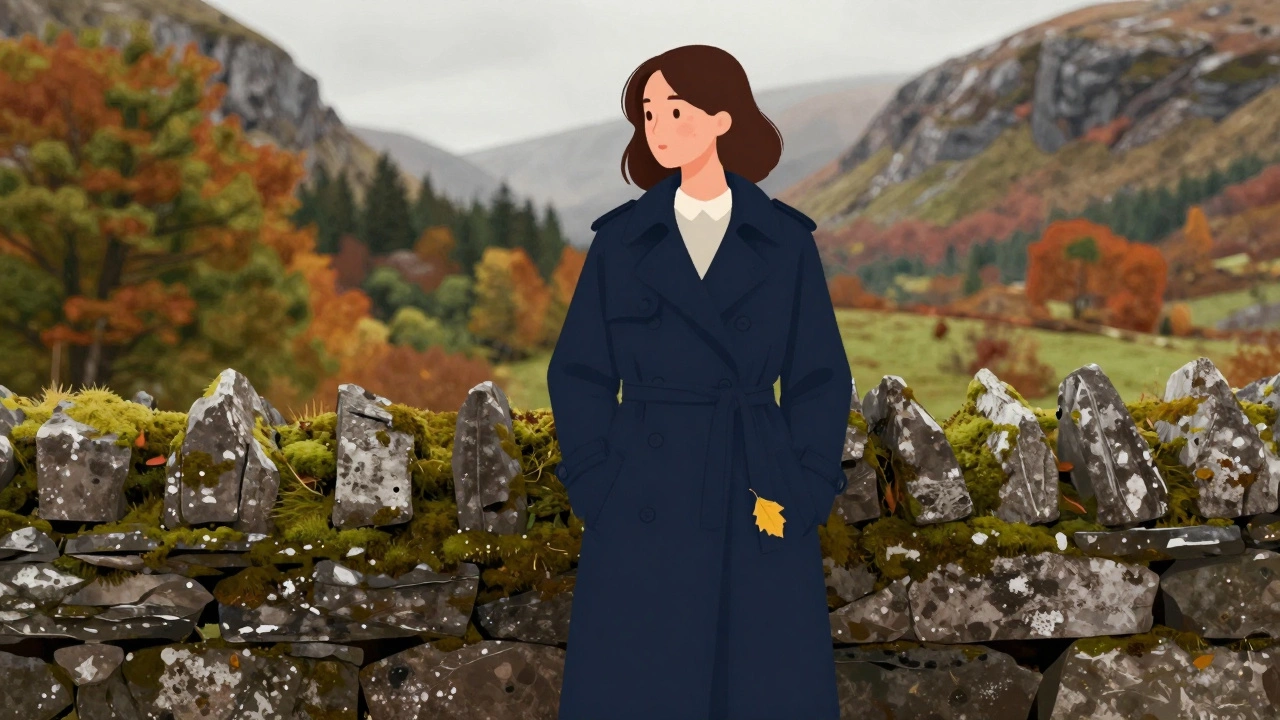 A woman in a navy trench coat stands among lush greenery in Killarney, a yellow leaf resting on her sleeve.