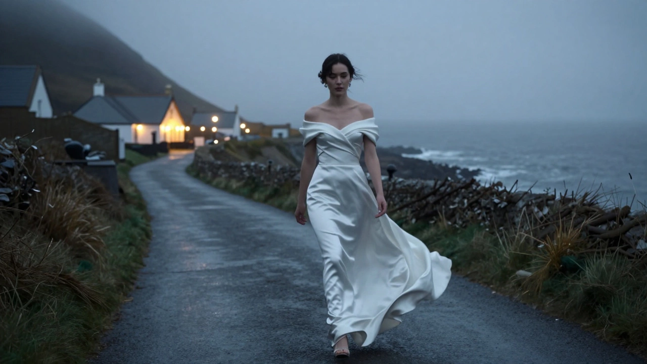 A woman walks along a misty Irish coastal path at dusk, her silk evening gown flowing gently in the breeze.