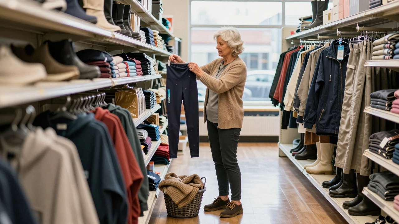 An older woman in a Limerick SuperValu holding thermal leggings, with wool cardigan and boots in her shopping basket.