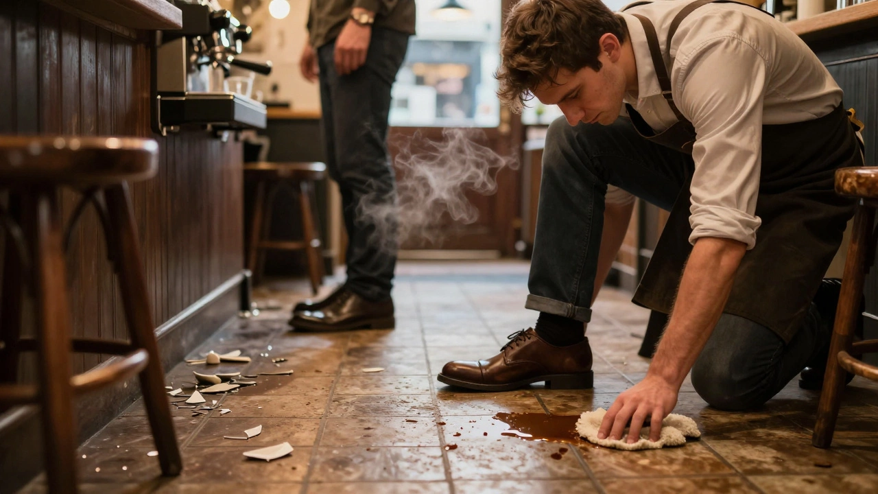 Barista in a Dublin café glancing at a coffee spill while a colleague wears proper closed-toe shoes.