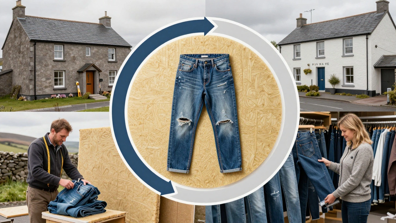 Circular denim lifecycle showing worn jeans being recycled into home insulation in Ireland.