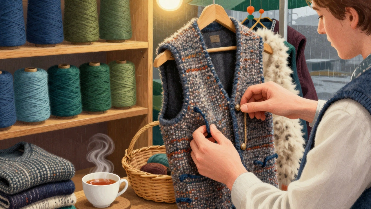 Close-up of hands adjusting a handwoven wool vest at a Galway market, surrounded by yarn and traditional Irish textiles.
