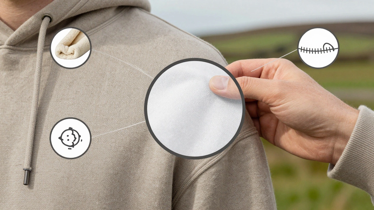 Close-up of high-quality hoodie fabric showing dense weave, cotton-polyester blend, and reinforced seams under natural Irish daylight.