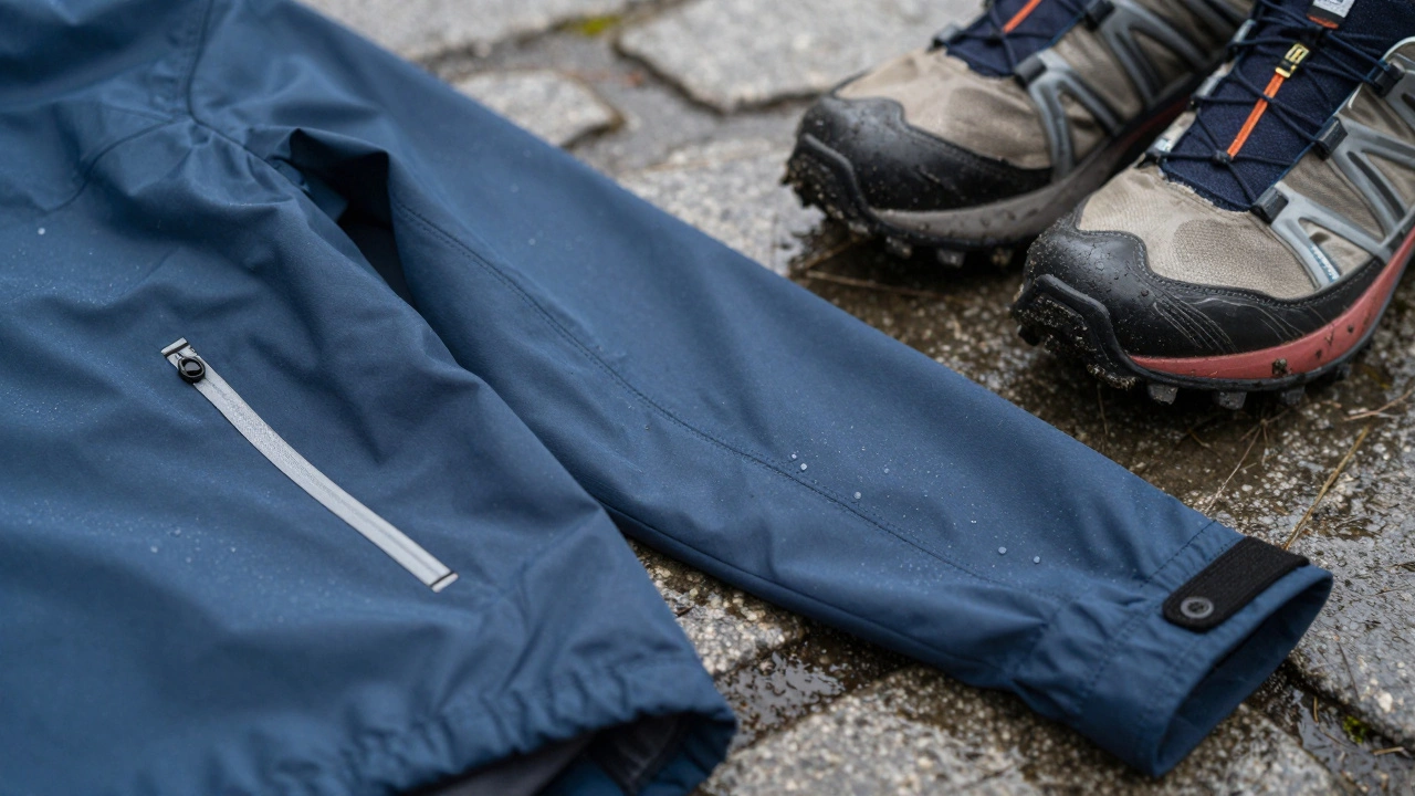 Close-up of technical sportswear fabric with seam sealing and reflective strips on wet path.