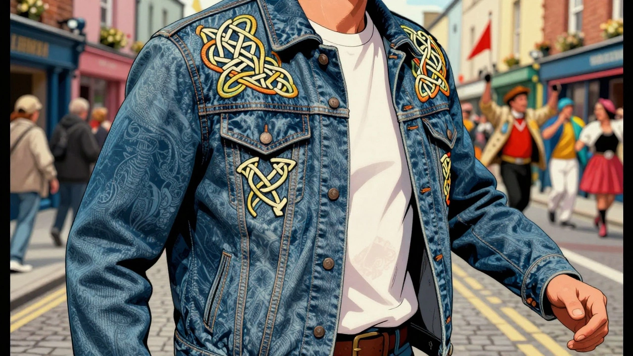 Denim jacket with Celtic embroidery in Galway during arts festival.