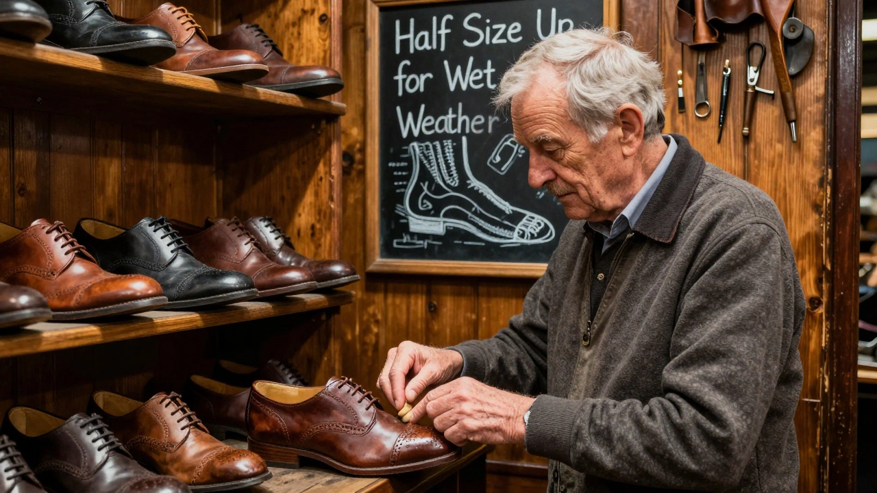 Elderly cobbler testing shoe fit in a Dublin shop, chalkboard reads 'Half Size Up for Wet Weather'.