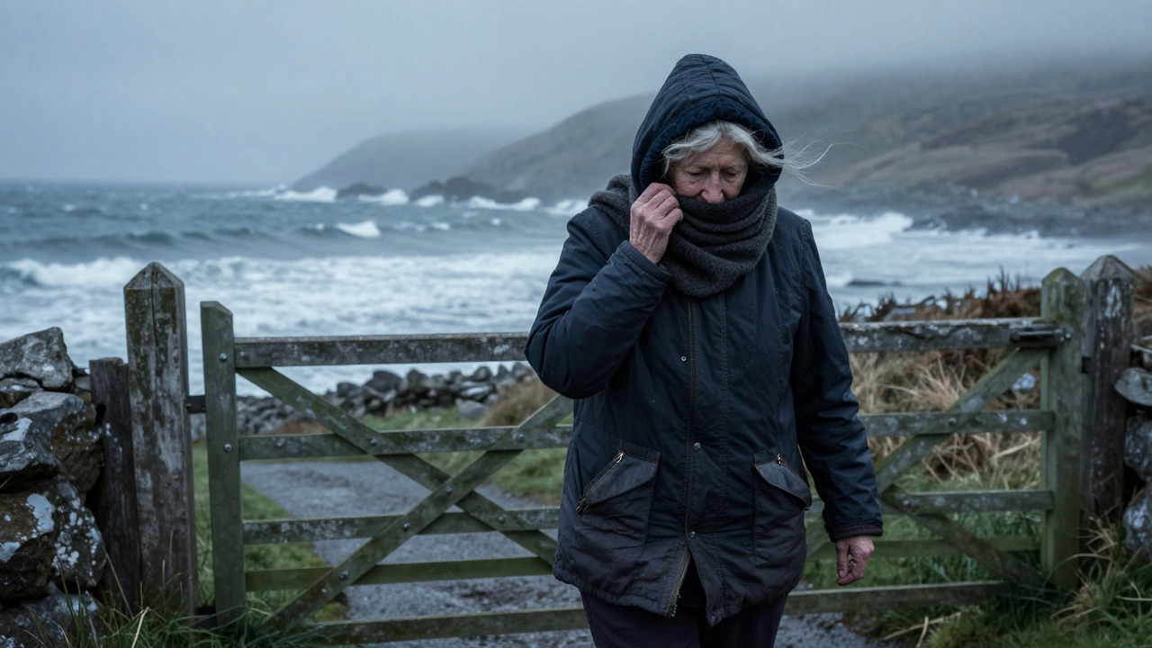 Elderly woman in Connemara walking a coastal path with hood pulled tight against wind and mist.