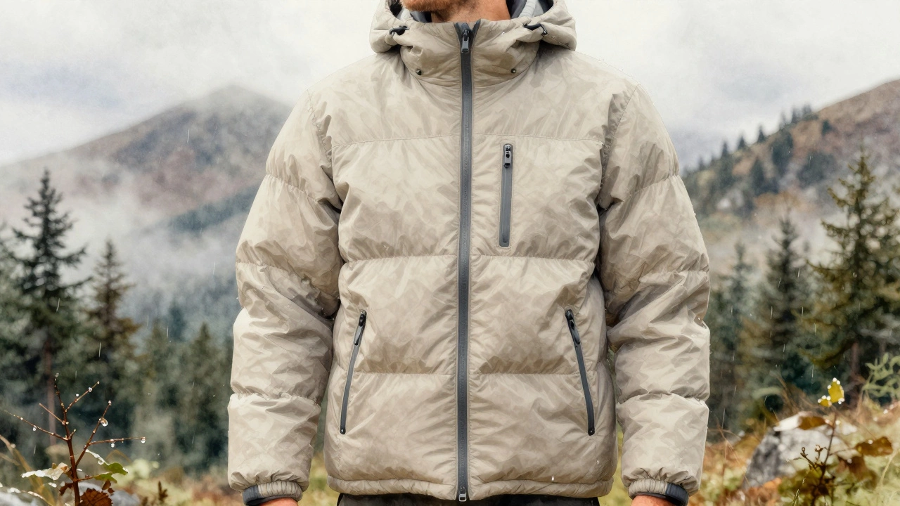 Hiker in sustainable puffer jacket on Wicklow Mountains with recycled materials.