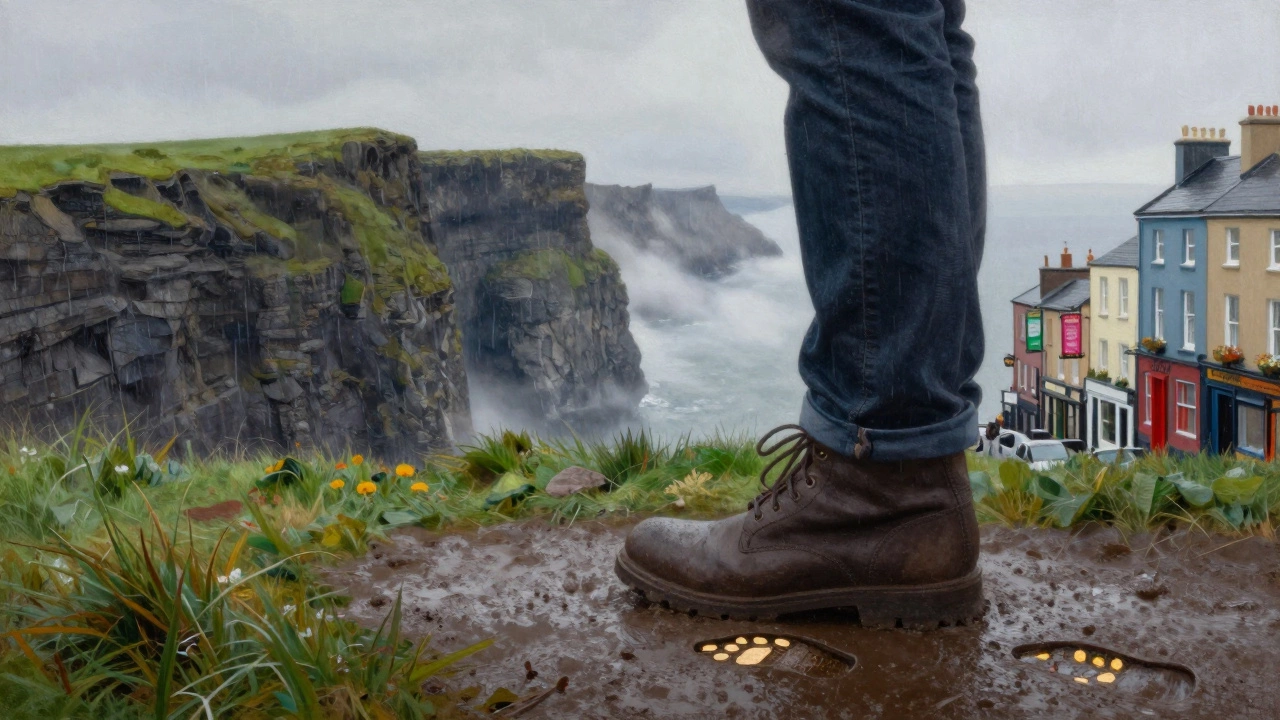 Ireland’s iconic landscapes shaped by bootprints, symbolizing stability on wet, uneven terrain.