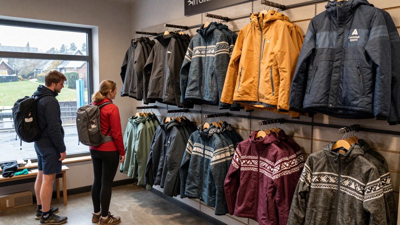 Irish-made sportswear displayed in a Galway shop with hikers testing gear.