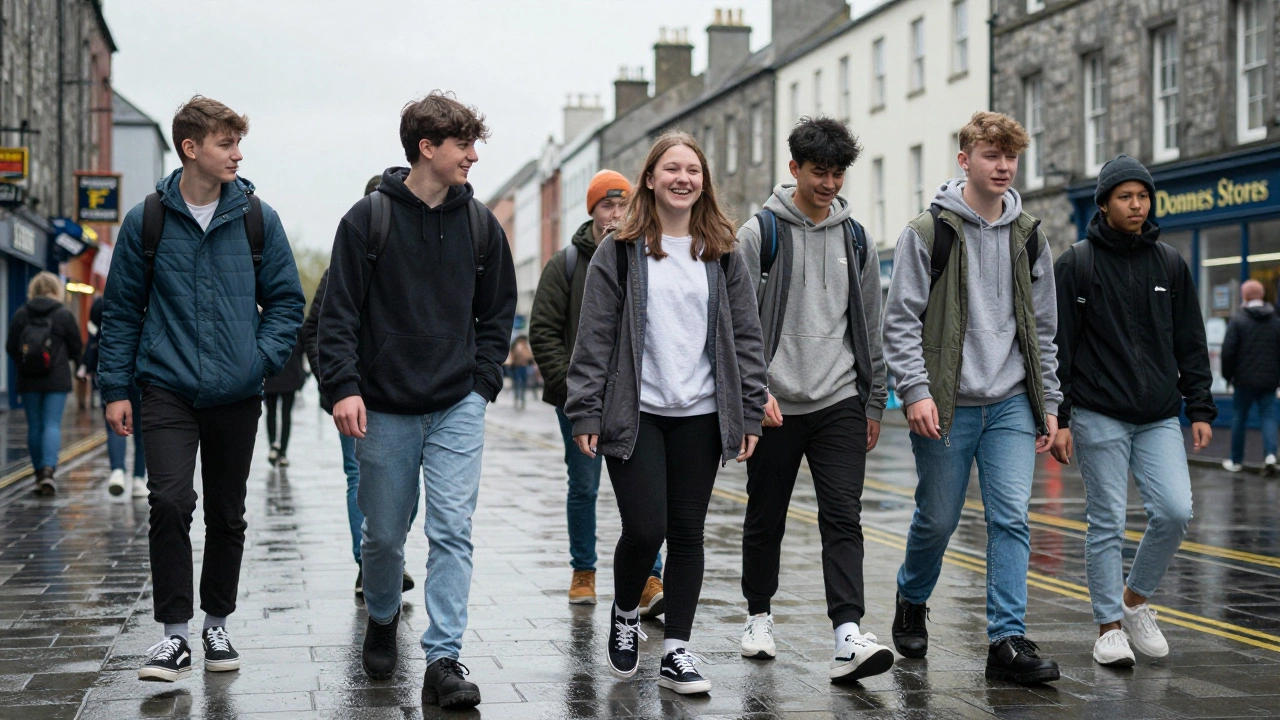 Irish teens walking through Galway’s Eyre Square wearing various trainers under a rainy sky.