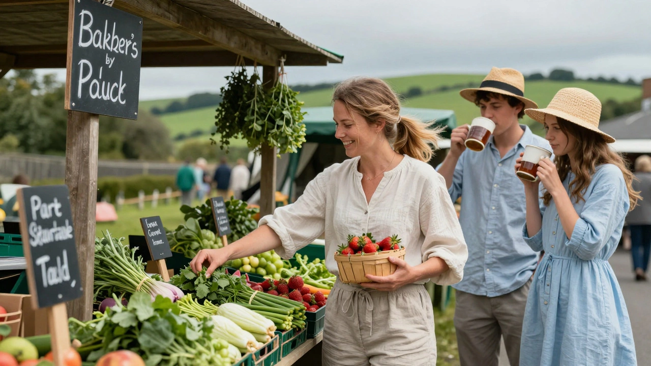 Local vendor at Kilkenny farmers market wearing cotton voile and linen, surrounded by fresh produce and green hills.