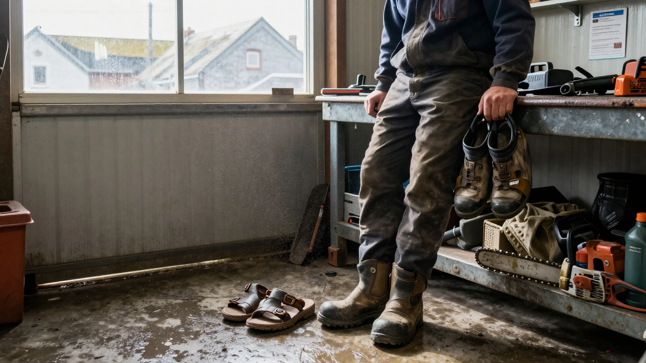 Mechanic holding certified safety boots beside worn sandals in a cluttered Irish garage.