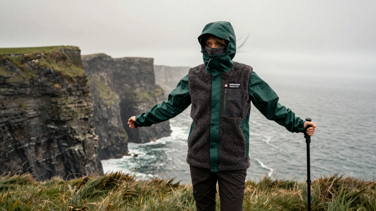 Person standing on the Cliffs of Moher in a fleece vest under a waterproof shell, wind and rain whipping around them.