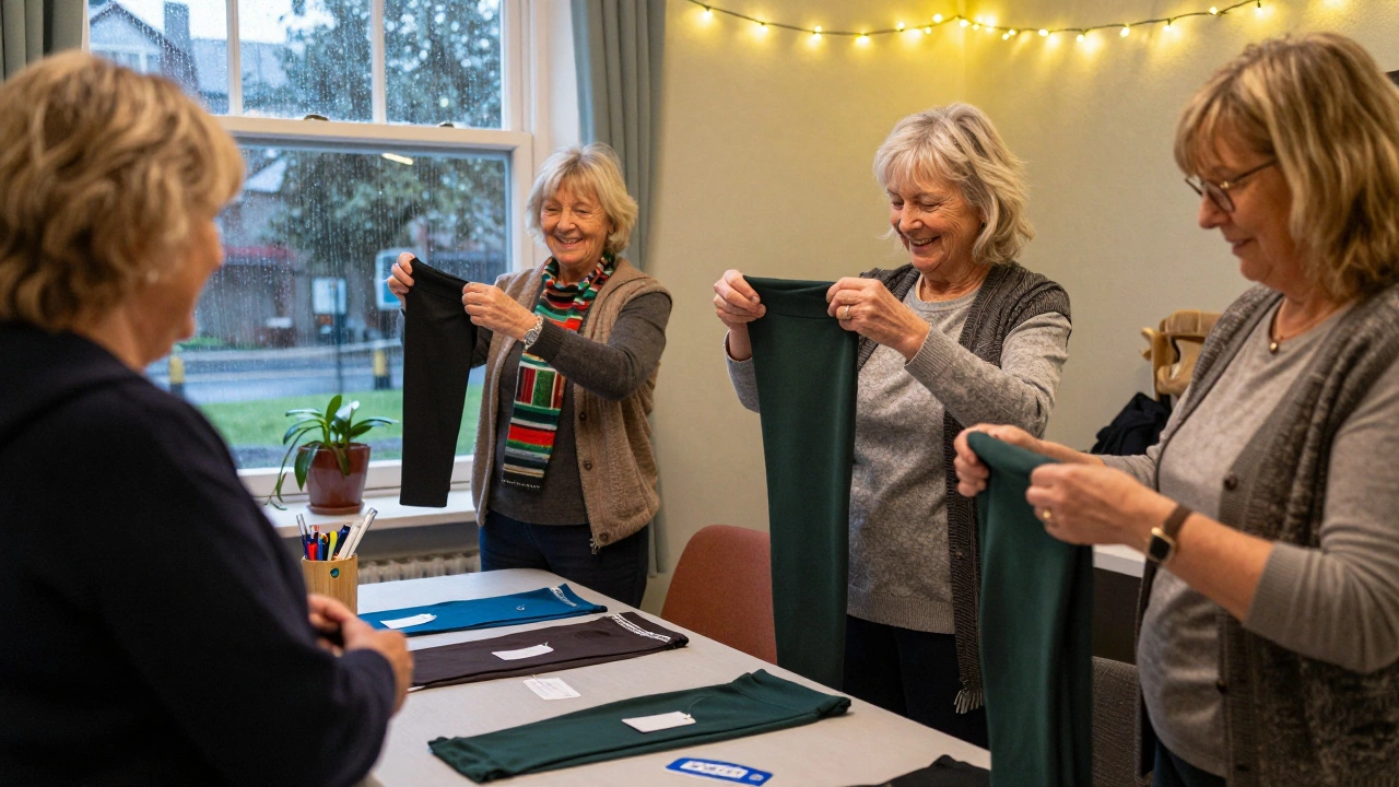 Senior Irish women exchanging leggings at a community swap event, with rain visible through a window behind them.