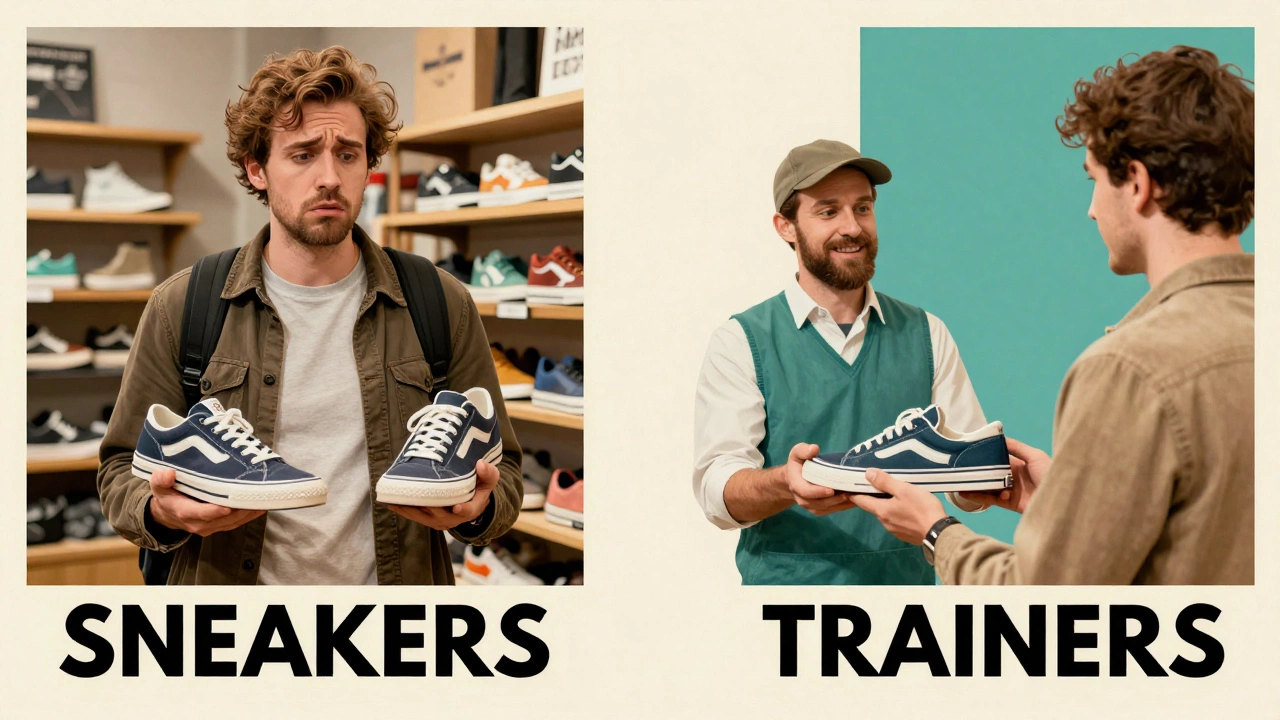 Split image: a Canadian tourist asking for sneakers in Boston vs. an Irish shopkeeper handing out trainers in Cork.
