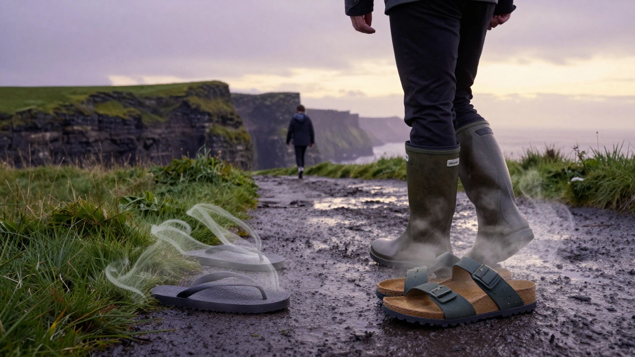 Sturdy Irish footwear standing firm on a rainy path toward the Cliffs of Moher, while discarded flip-flops rot in the mud.