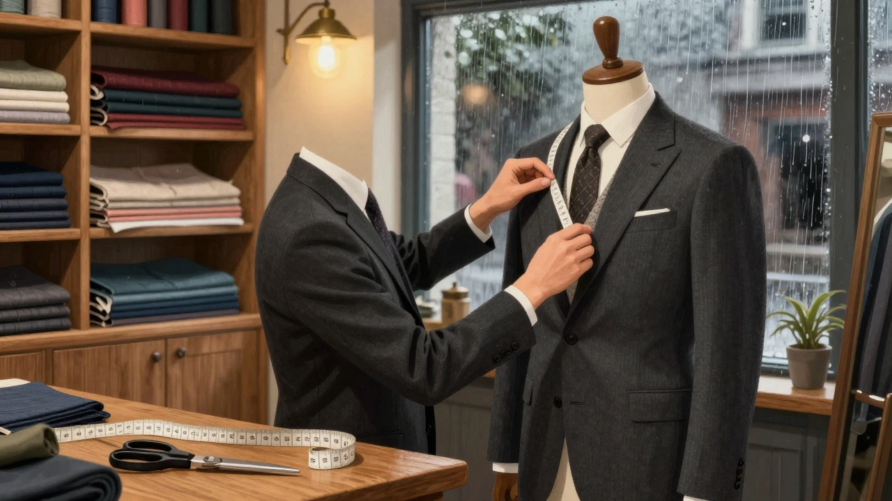 Tailor adjusting a suit shoulder seam in a warm, wood-paneled Irish haberdashery with fabric swatches and tools nearby.