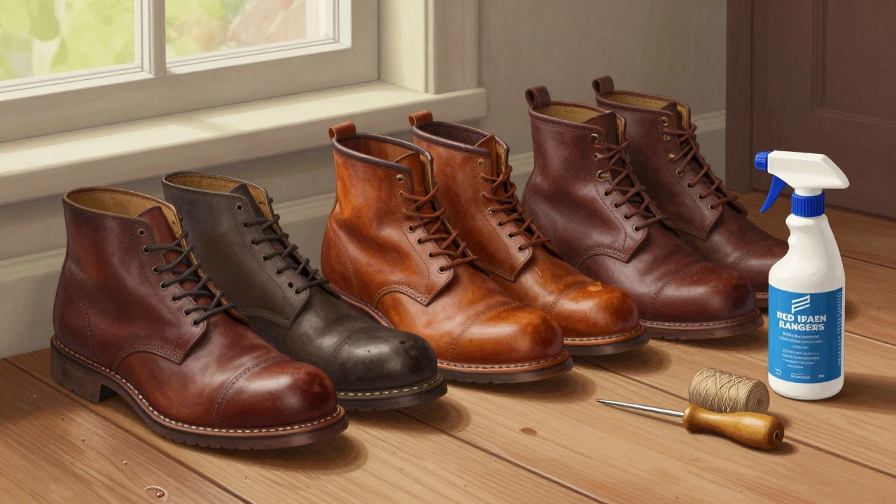 Three iconic Irish leather shoes beside a cedar shoe tree, with waterproofing spray and cobbler tools nearby.