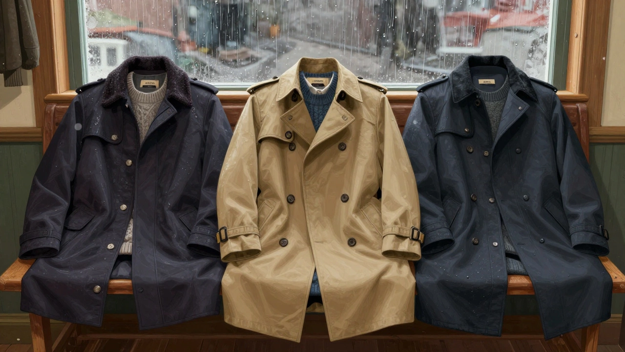 Three Irish-made trench coats laid out on a wooden bench, with rain visible outside a fogged window.