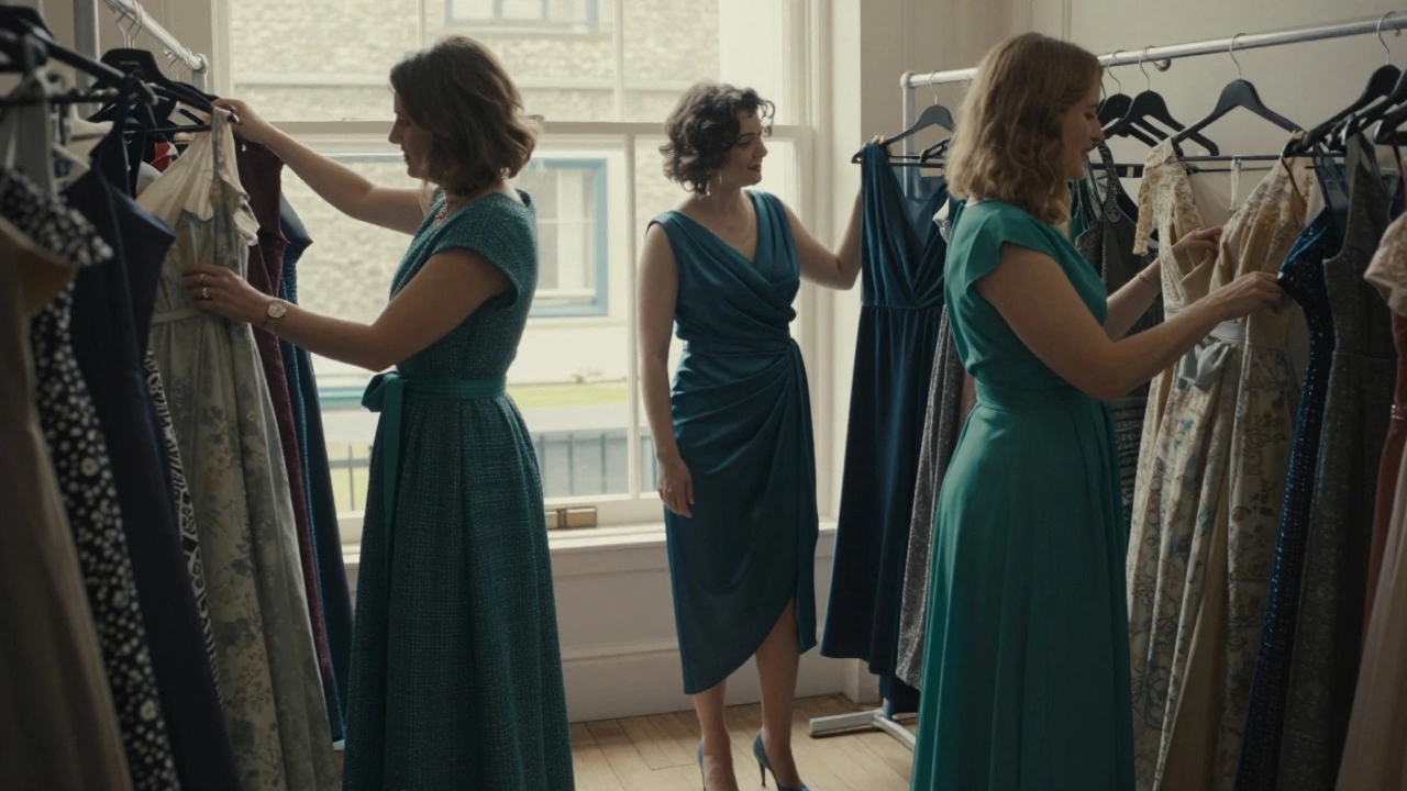 Three Irish women of diverse sizes examine handmade evening dresses in a cozy boutique, touching fabrics thoughtfully.