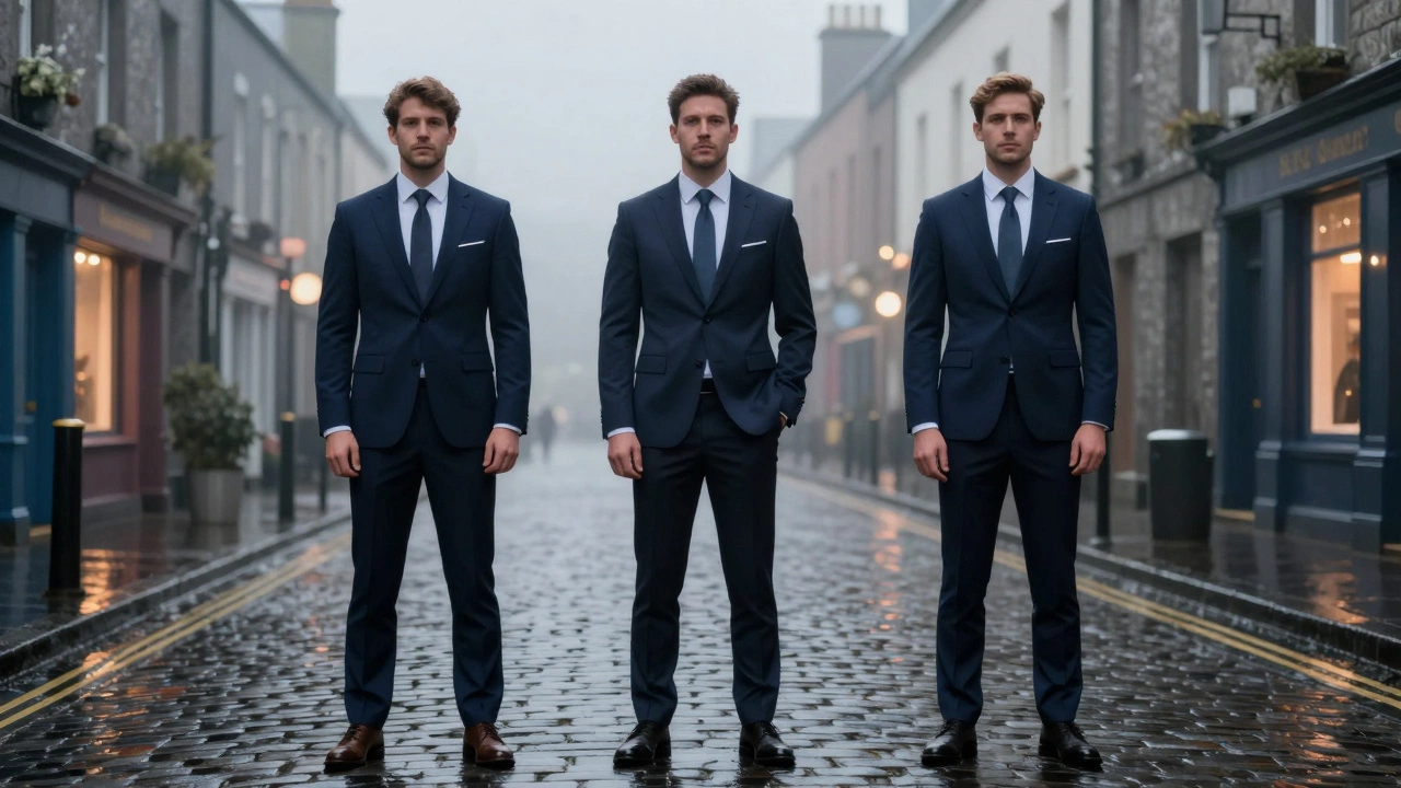 Three men in differently fitted suits standing together in a misty Irish street, highlighting the difference between poor and perfect fit.