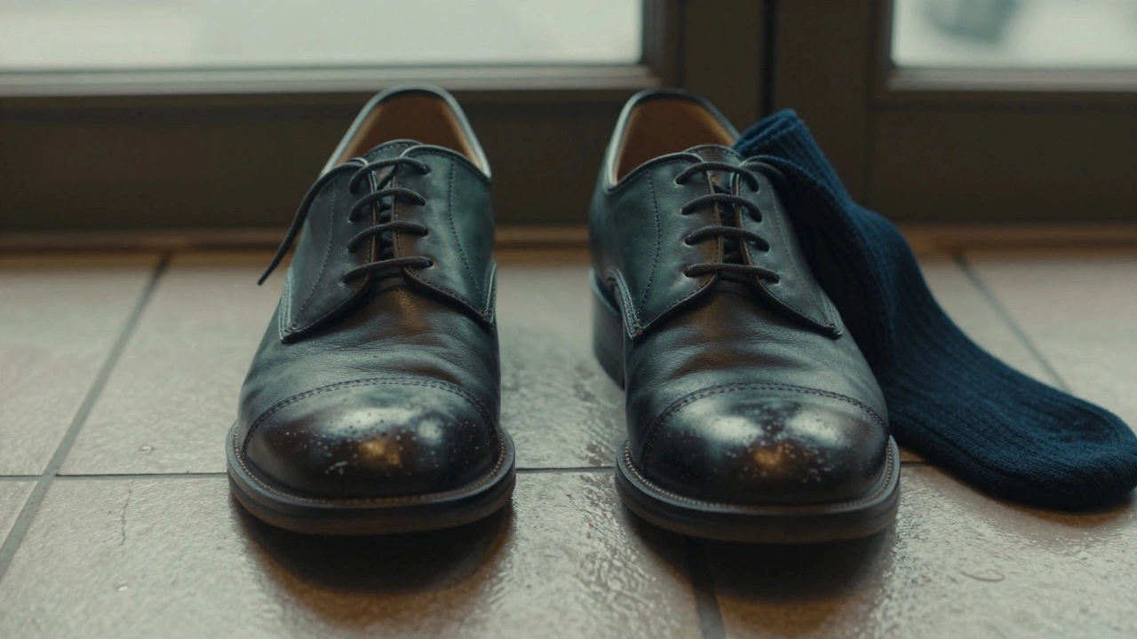 Two leather shoes on wet tile — one too tight, one with proper toe space, wool sock beside them.