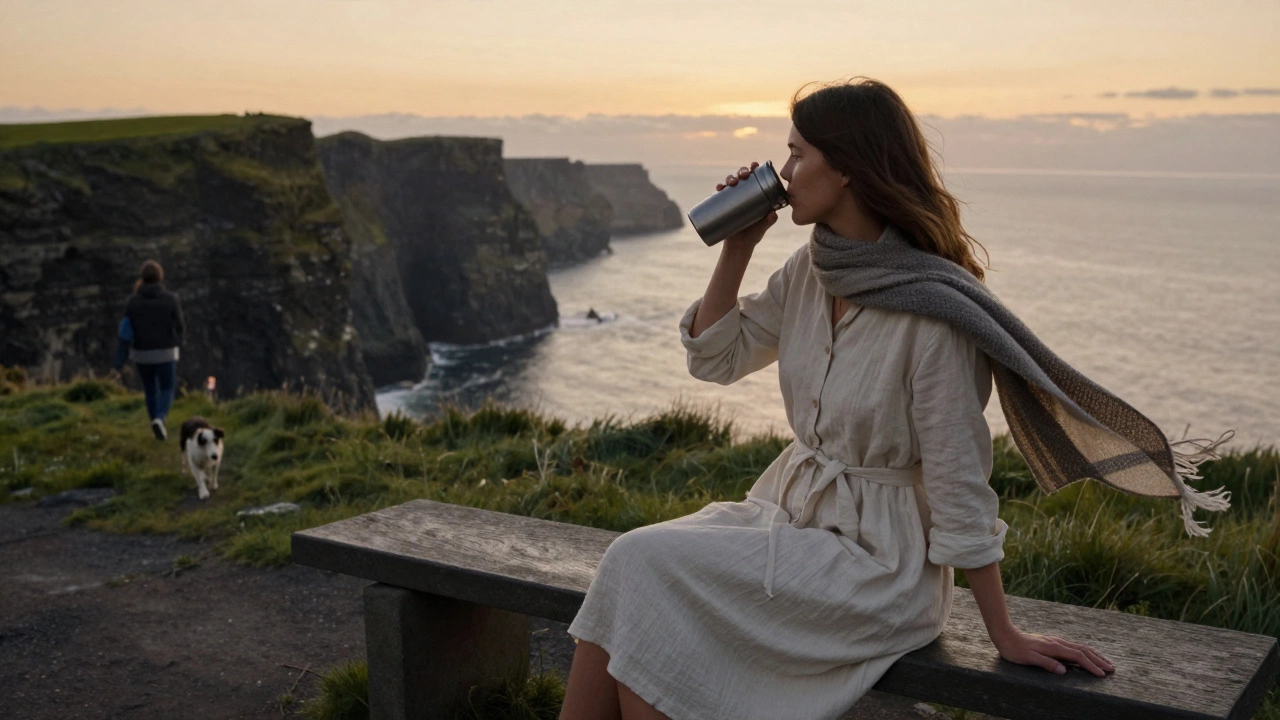 Woman at Cliffs of Moher at dusk in cotton dress, linen jacket tied at waist, overlooking the Atlantic breeze.