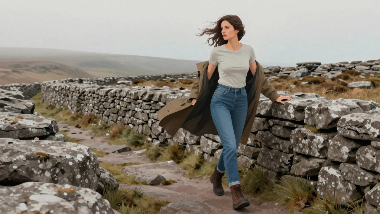 Woman hiking the Burren trail in fitted tee and boots, misty limestone landscape behind.
